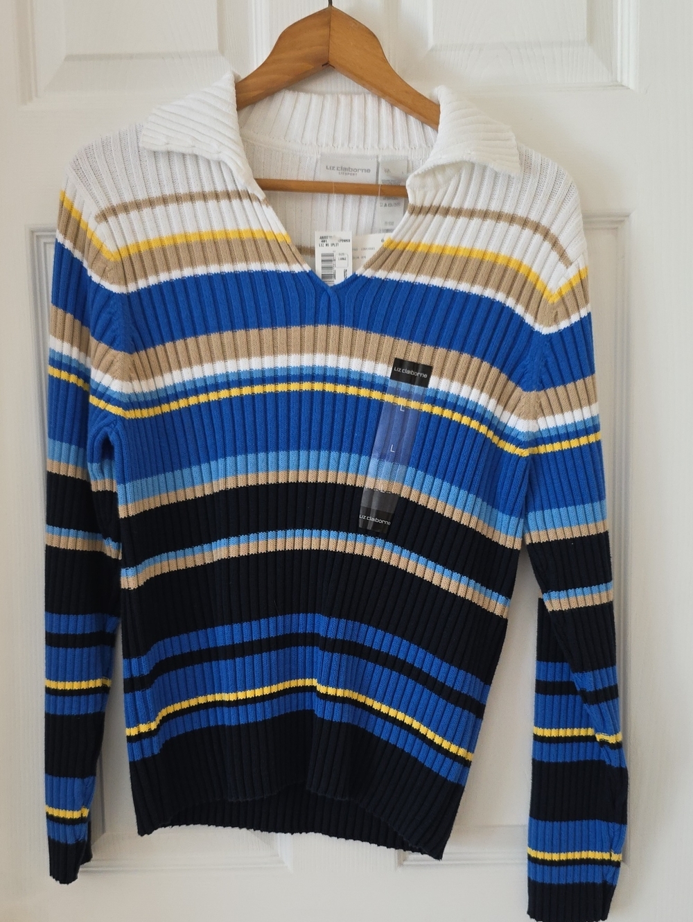 Vtg Liz Claiborne 100% Cotton Striped VNeck Ribbed Sweater New Old Stock Size L